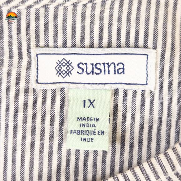 Susina Blouse Top Blue White Boho Striped Round Neck Bell Sleeve Women's Size 1X - Picture 8 of 10